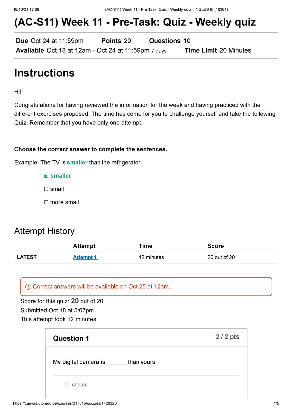 (AC-S11) Week 11 - Pre-Task Quiz - Weekly quiz Ingles III (10361) - (AC ...