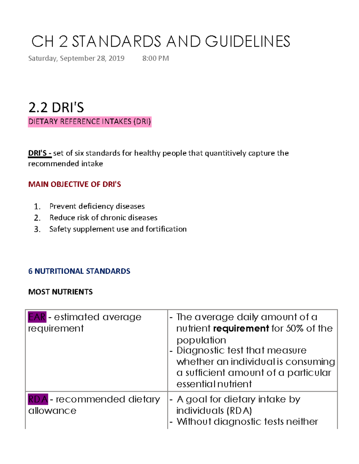 CH 2 Standards AND Guidelines 2 DRI'S DIETARY REFERENCE INTAKES (DRI
