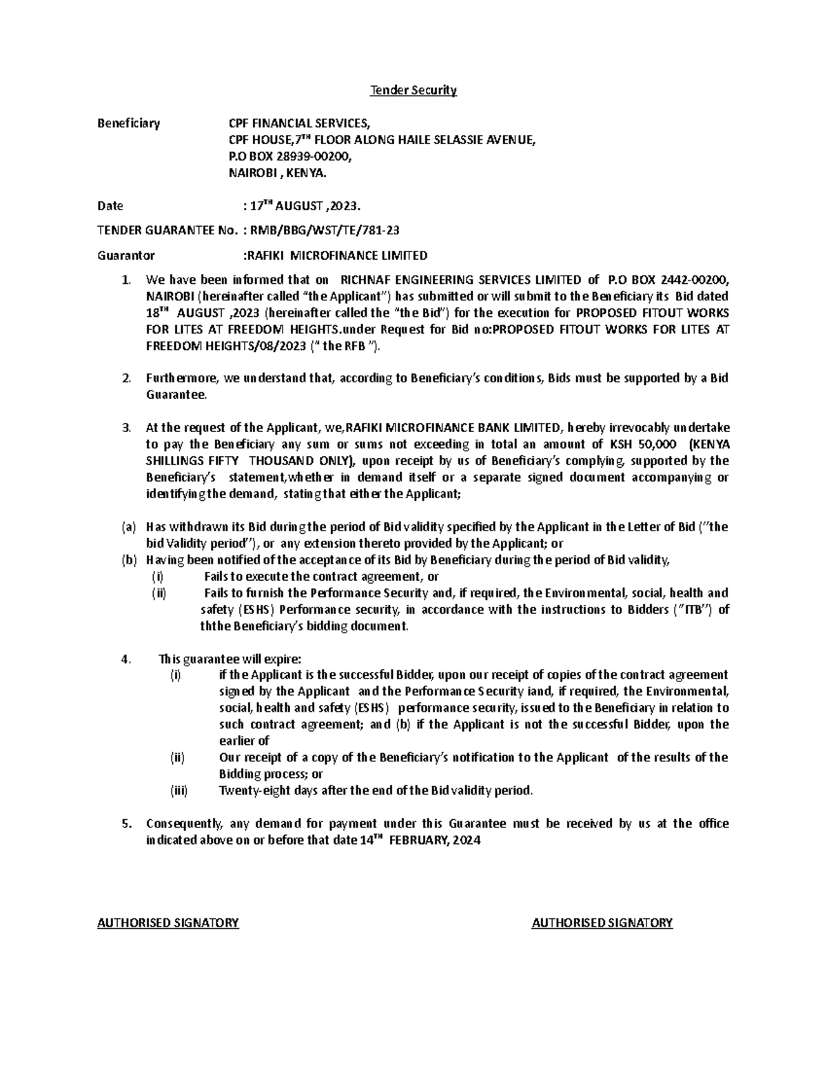 Richnaf BID - HSDKJFHHFKSHFSF - Tender Security Beneficiary CPF ...