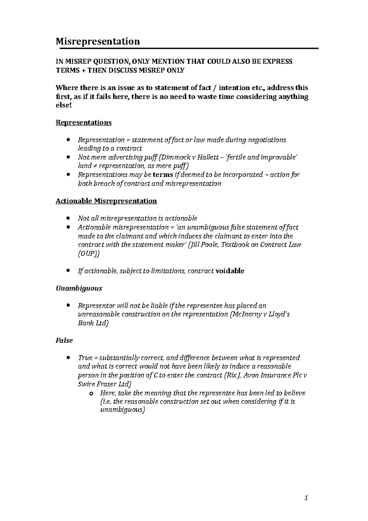 07 Misrepresentation - contract law - 1 Misrepresentation IN MISREP ...