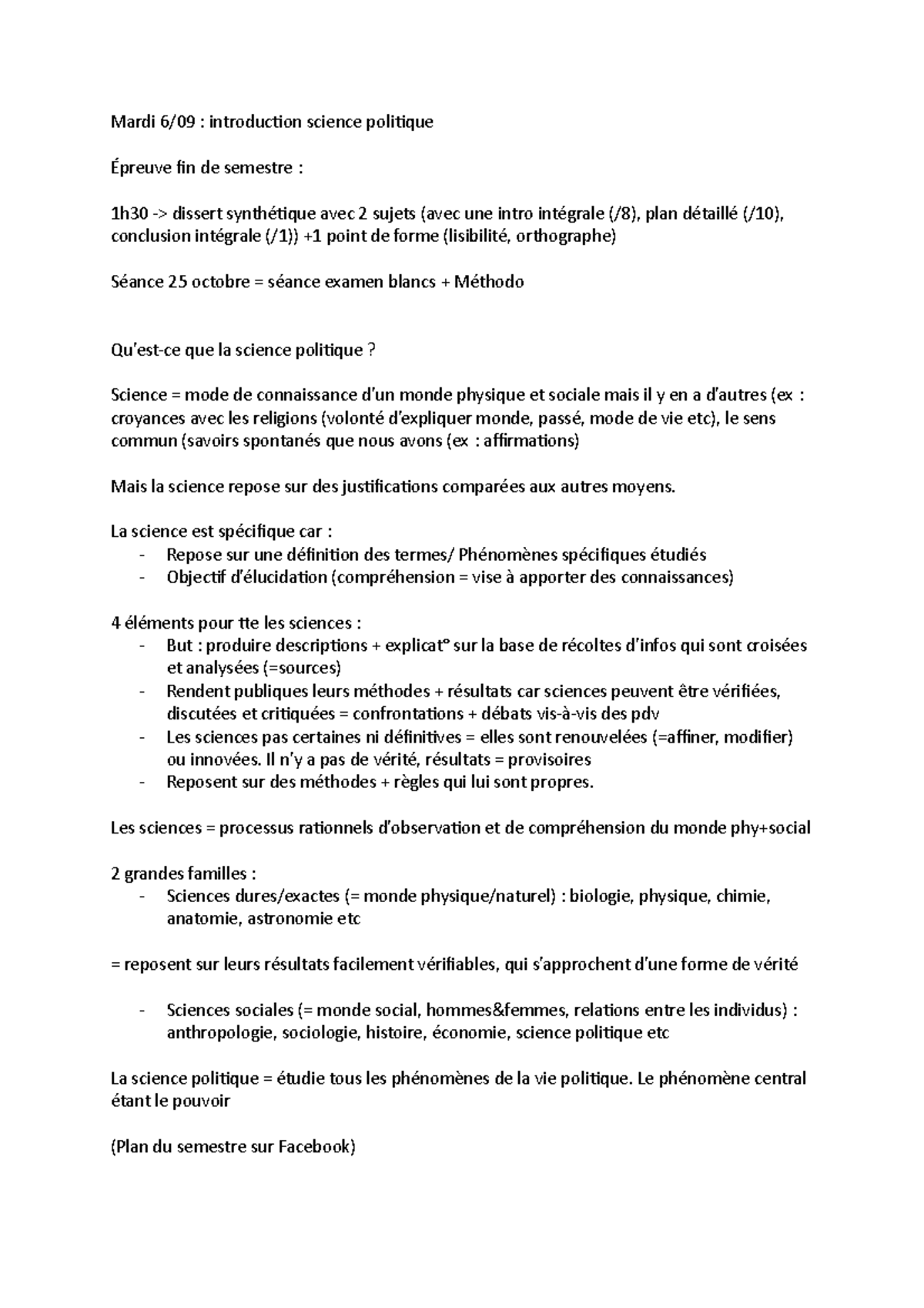 Intro à la science po notes Mardi 6/09 introduction science