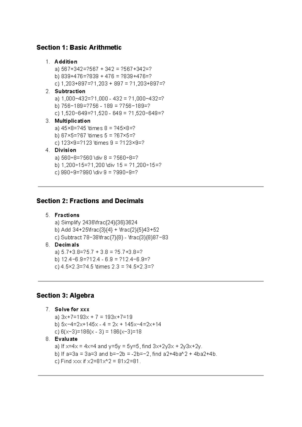 Math - lollll - Section 1: Basic Arithmetic 1. Addition a) 567+342=?567 ...