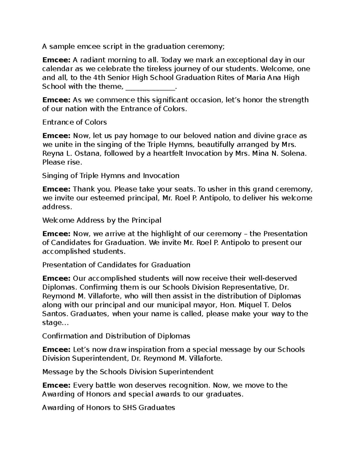 A sample emcee script in the graduation ceremony - Today we mark an ...