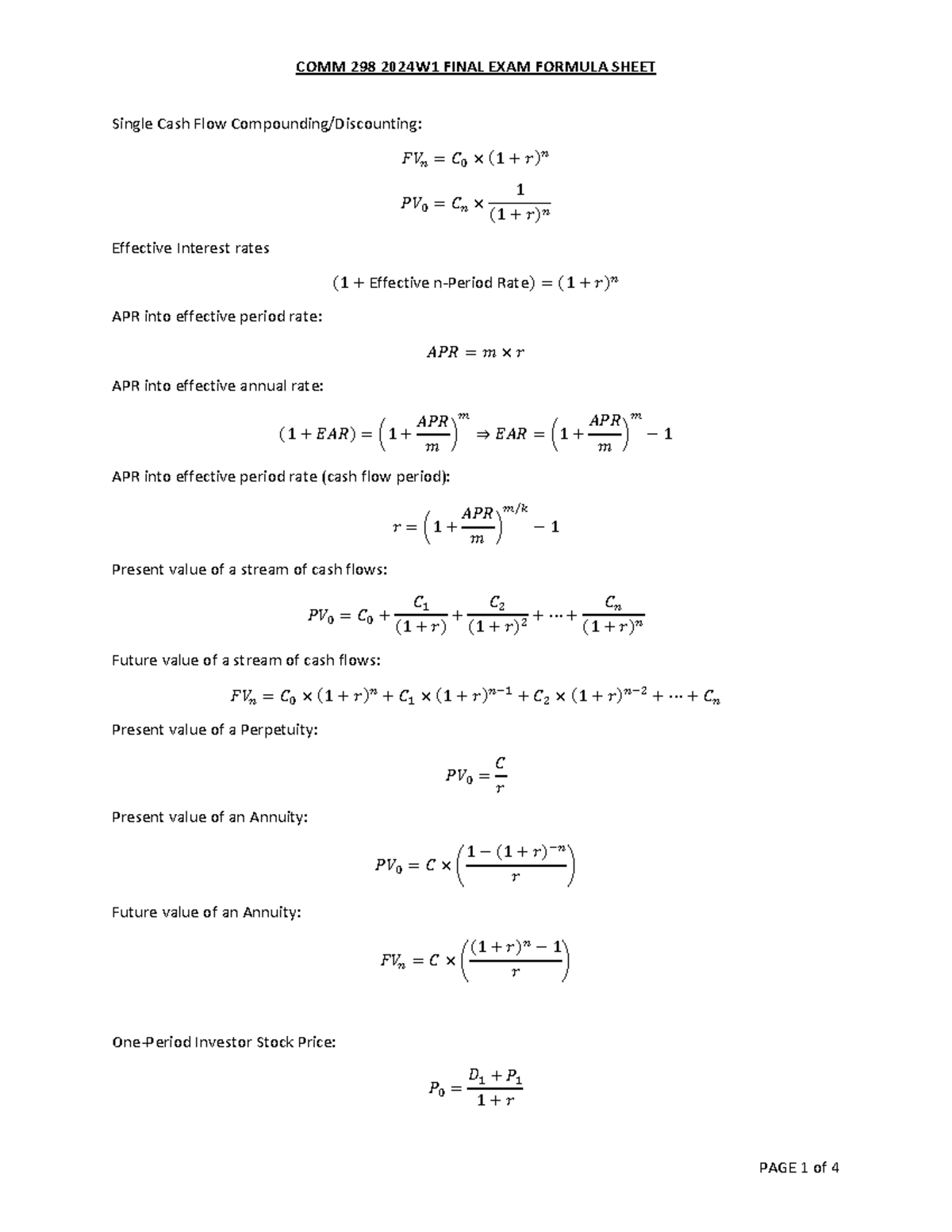 COMM 298 2024W1 Final Formula Sheet V2 - Single Cash Flow Compounding ...