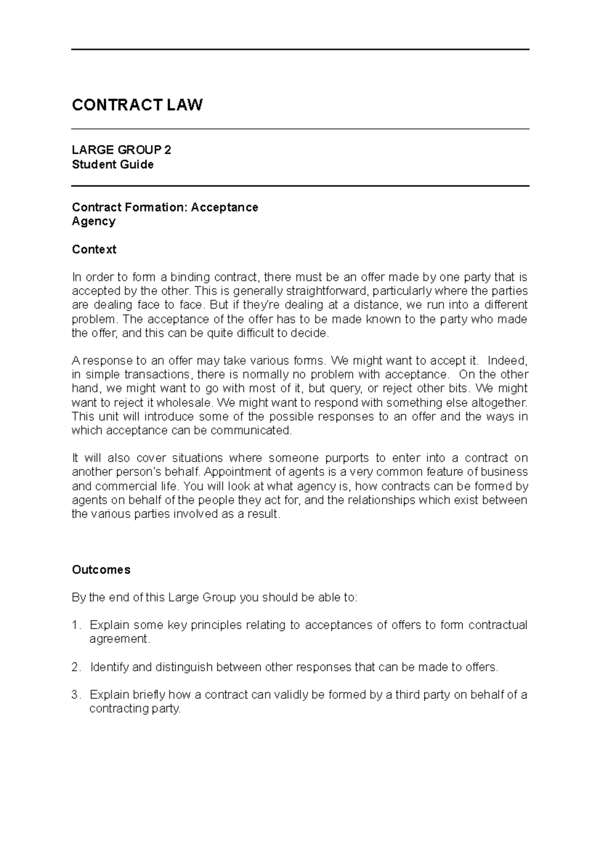 Unit cont sg - lecture notes - CONTRACT LAW LARGE GROUP 2 Student Guide ...