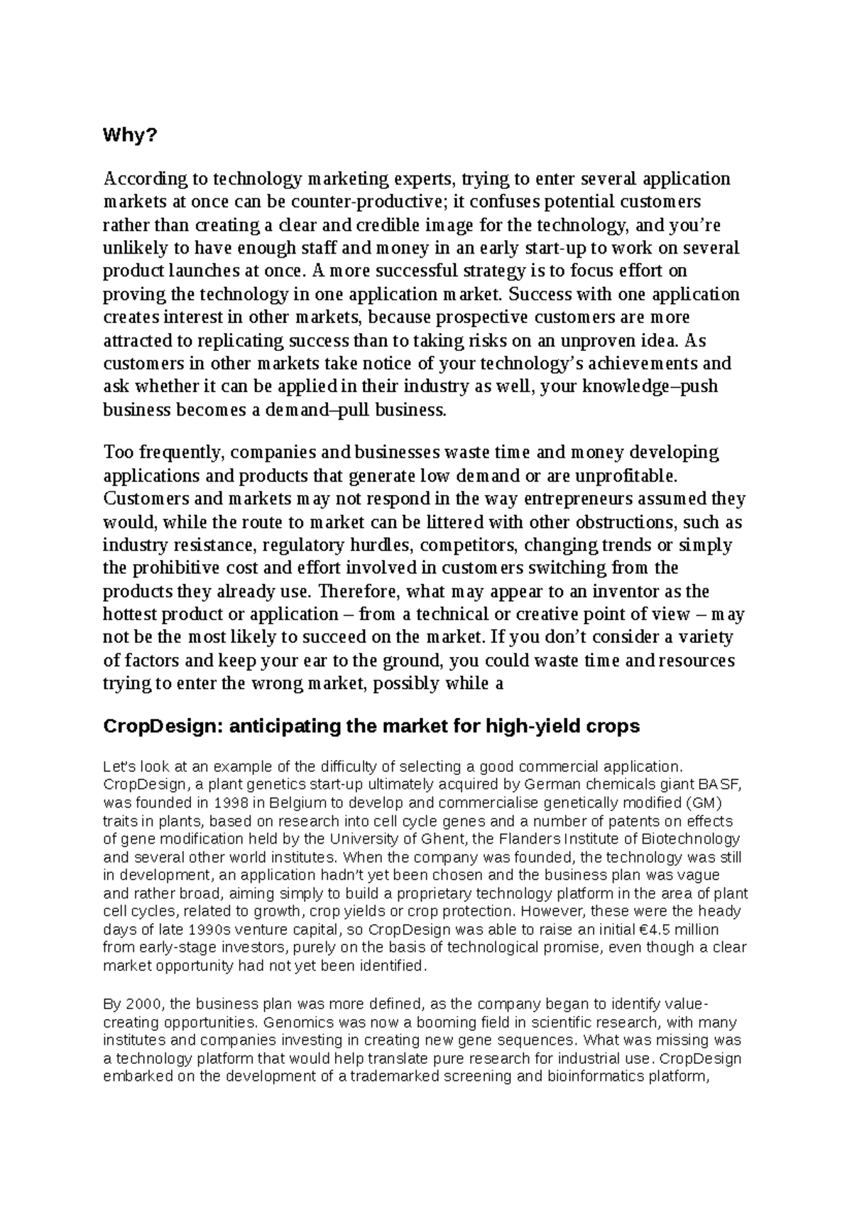 Notes-1 - CASE STUDY CROPDESIGN - Why? According to technology ...