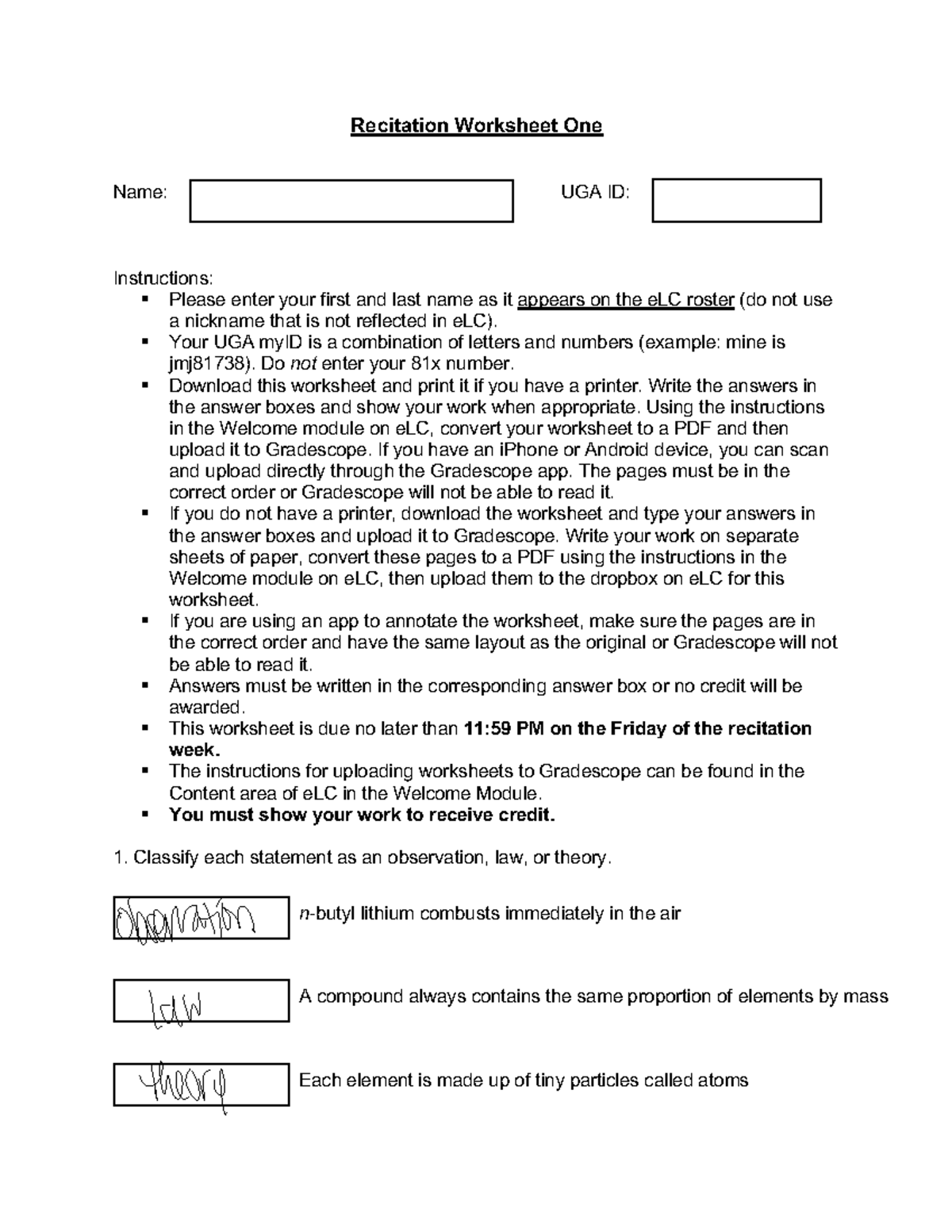 Recitation Worksheet 1 Course Hero - Recitation Worksheet One Name: UGA ...