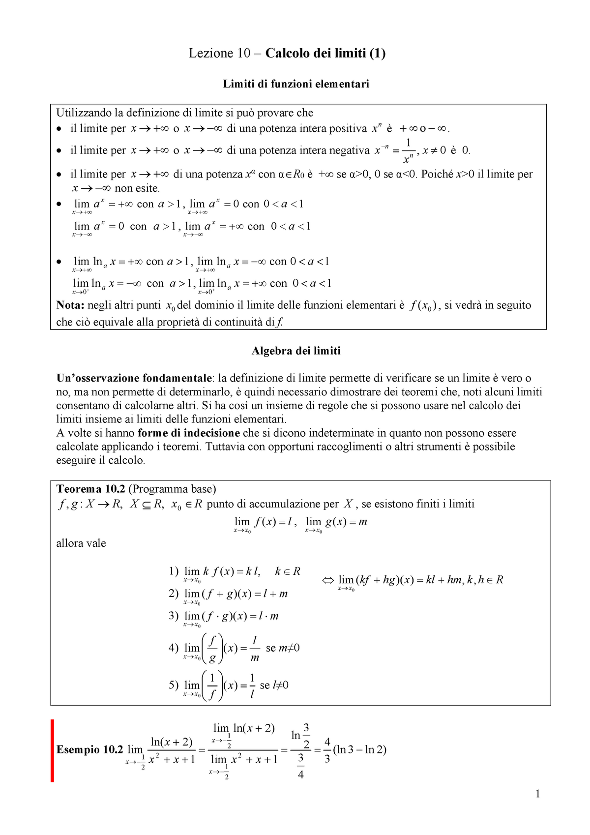 10 Calcolo Dei Limiti 1 - Lezione 10 – Calcolo Dei Limiti (1) Limiti Di ...