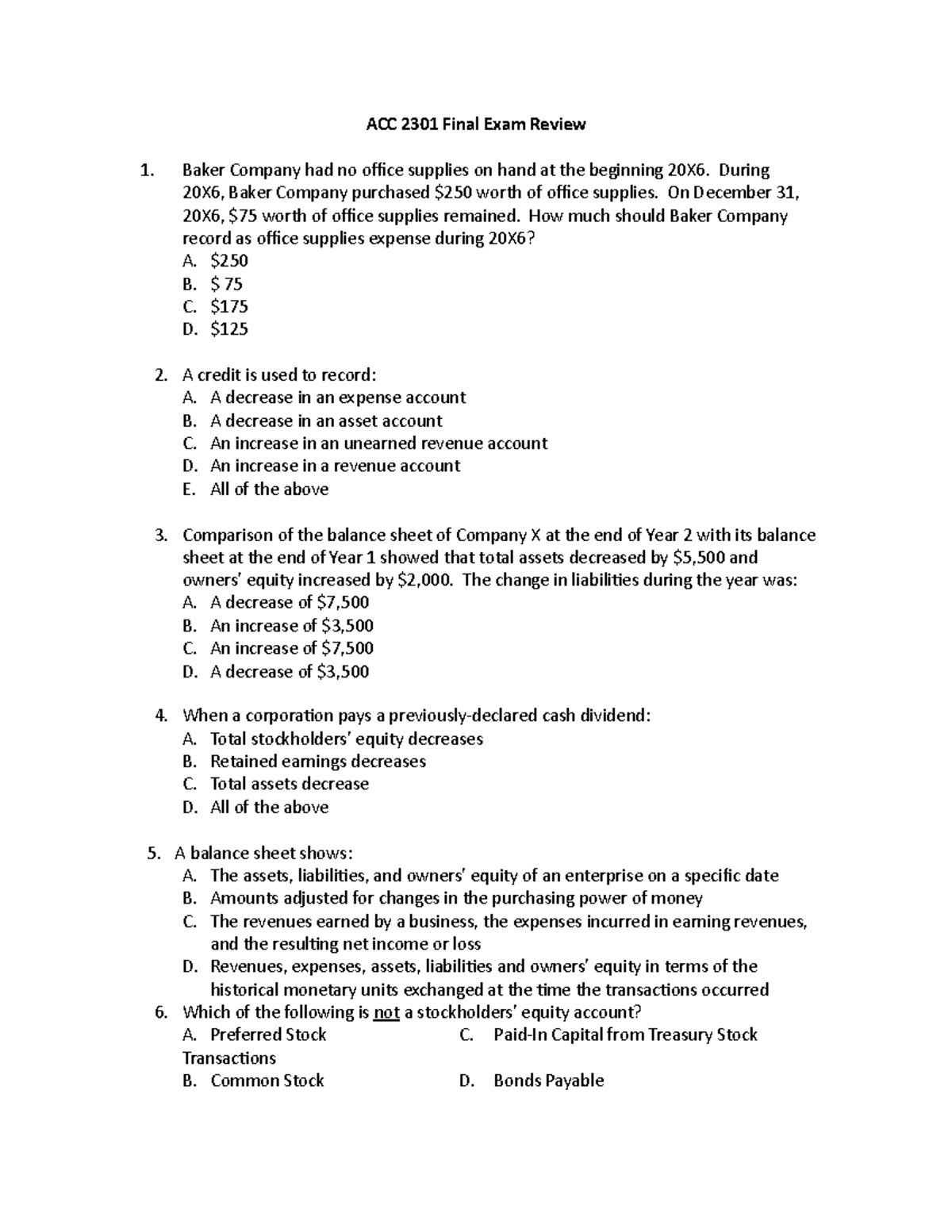 ACC 2301 Final Exam Review Original - ACC 2301 Final Exam Review Baker ...