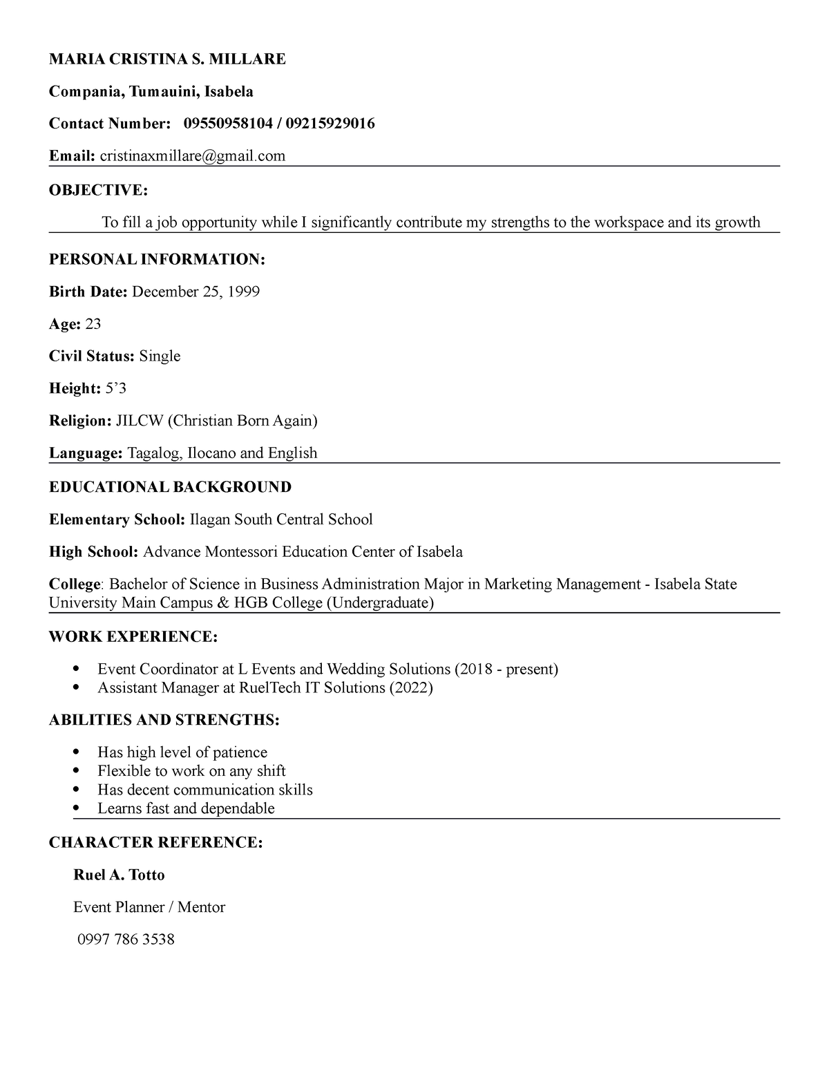 Resume for applying a job - MARIA CRISTINA S. MILLARE Compania ...