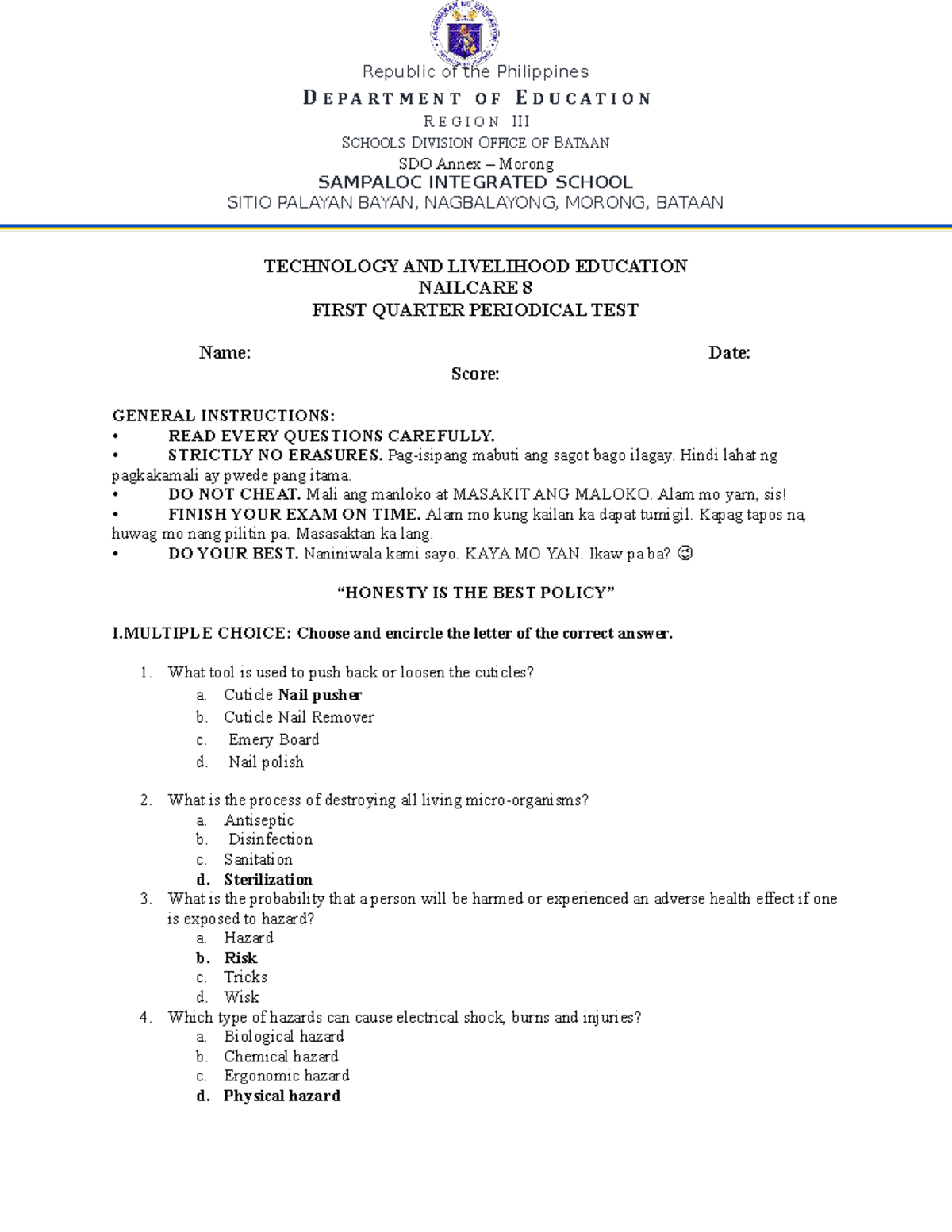 NAIL CARE Grade 8 none D E P A R T M E N T O F E D U C A T I O N R