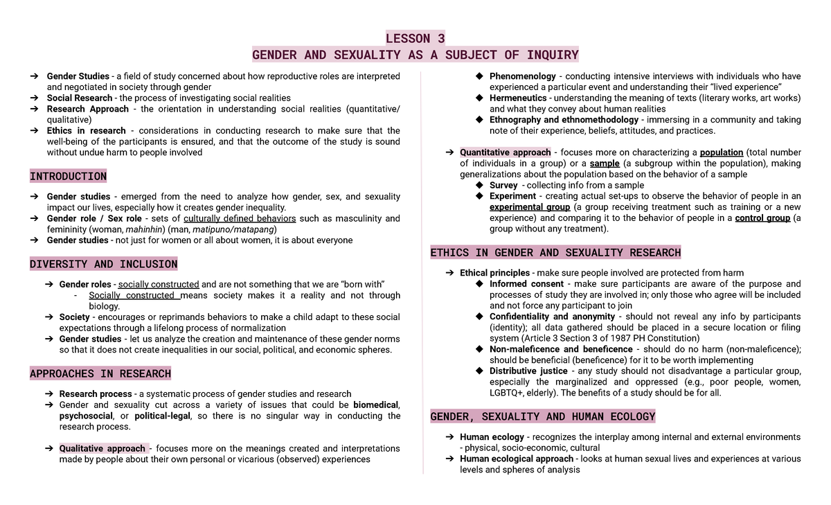 Socio Lesson 3 Soc 101 Lecture Notes Lesson 3 Gender And Sexuality