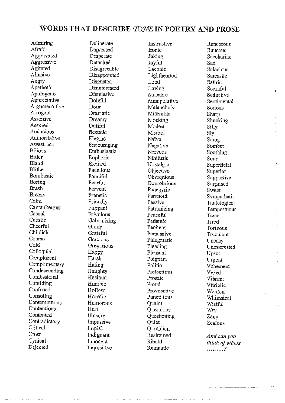 Year 11 Eng St Tone words WORDS THAT DESCRIBE TONE IN POETRY AND