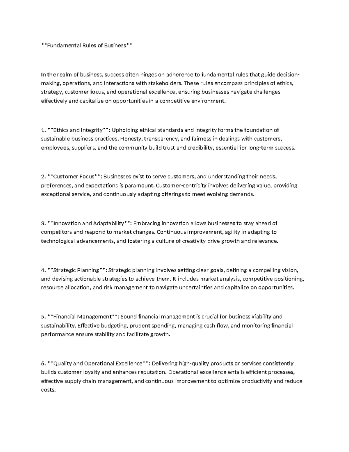 Fundamental Rules of Business These rules principles of