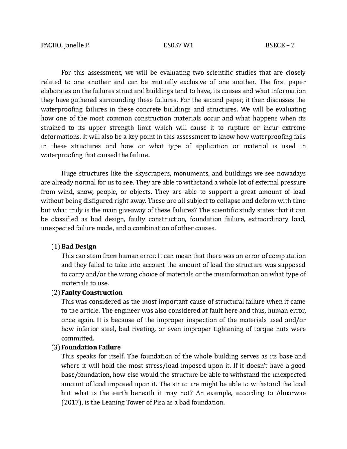 Synoptic Assessment - Grade: A+ - PACHO, Janelle P. ES037 W1 BSECE – 2 ...