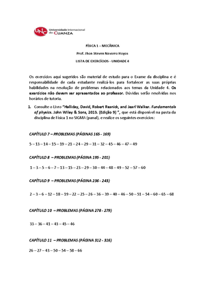 Lista DE Exercícios Unidade 5 - Física 1 - FÍSICA 1 – MECÂNICA Prof ...