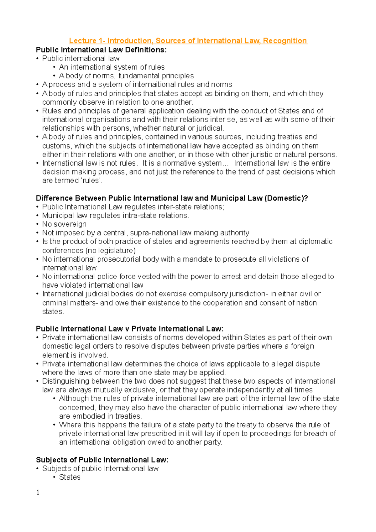 International Public Law- Lecture Notes - Lecture 1- Introduction ...