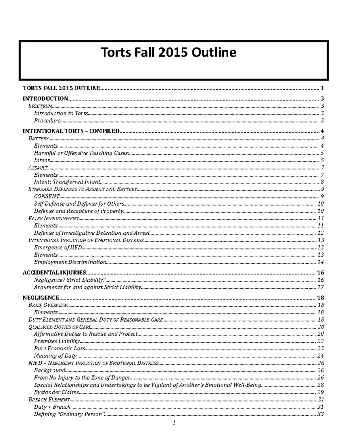 Exam Outline Torts - TORTS FALL 2015 - Studocu