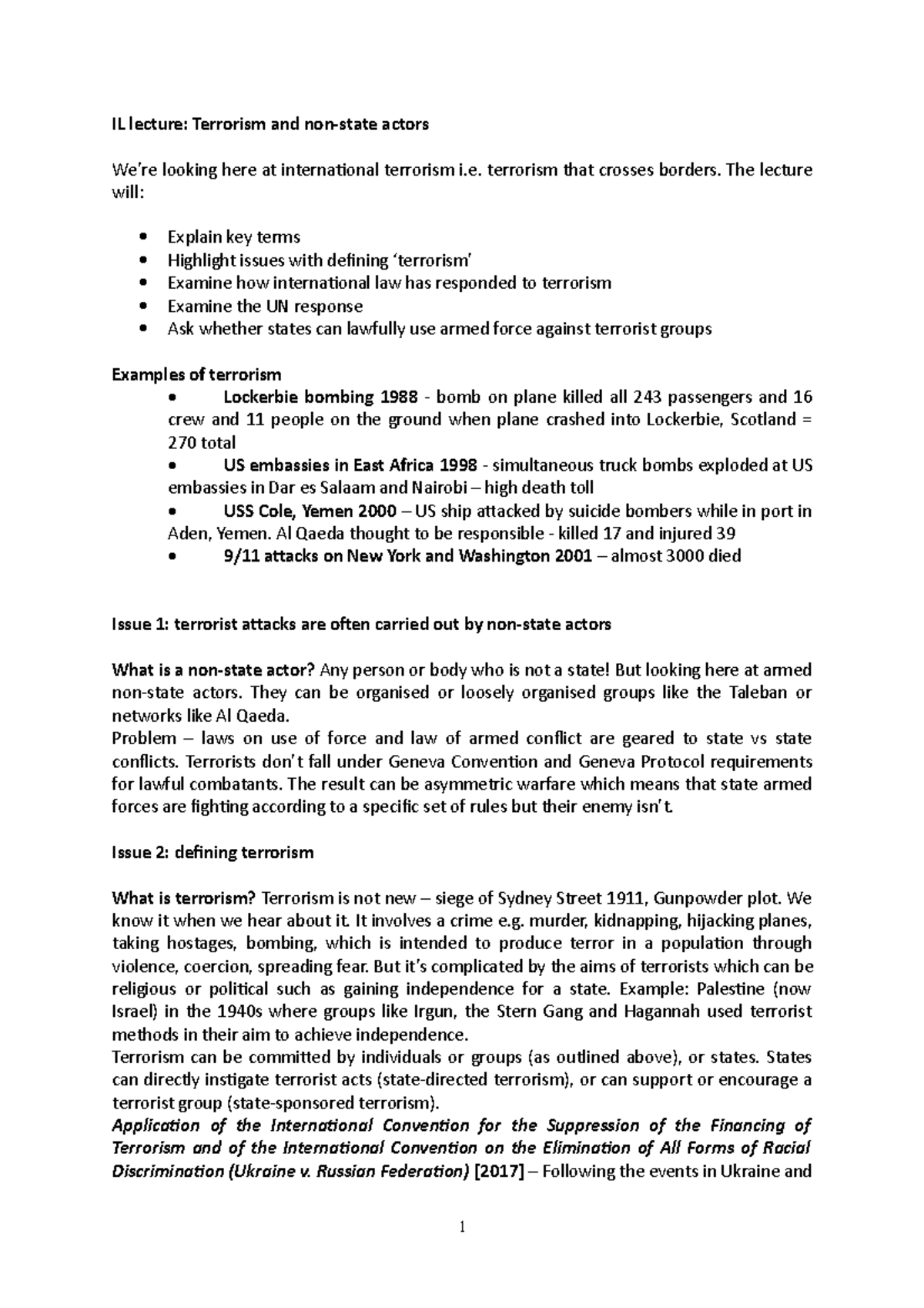 Terrorism lecture full notes - IL lecture: Terrorism and non-state ...