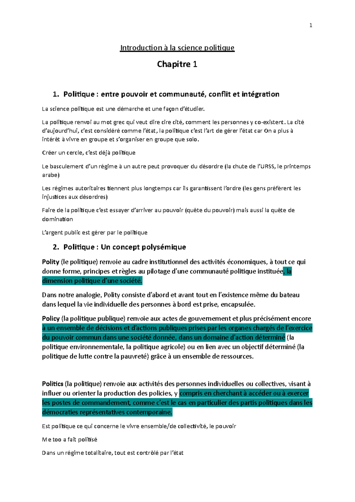 notes Science politique - Introduction à la science politique Chapitre ...