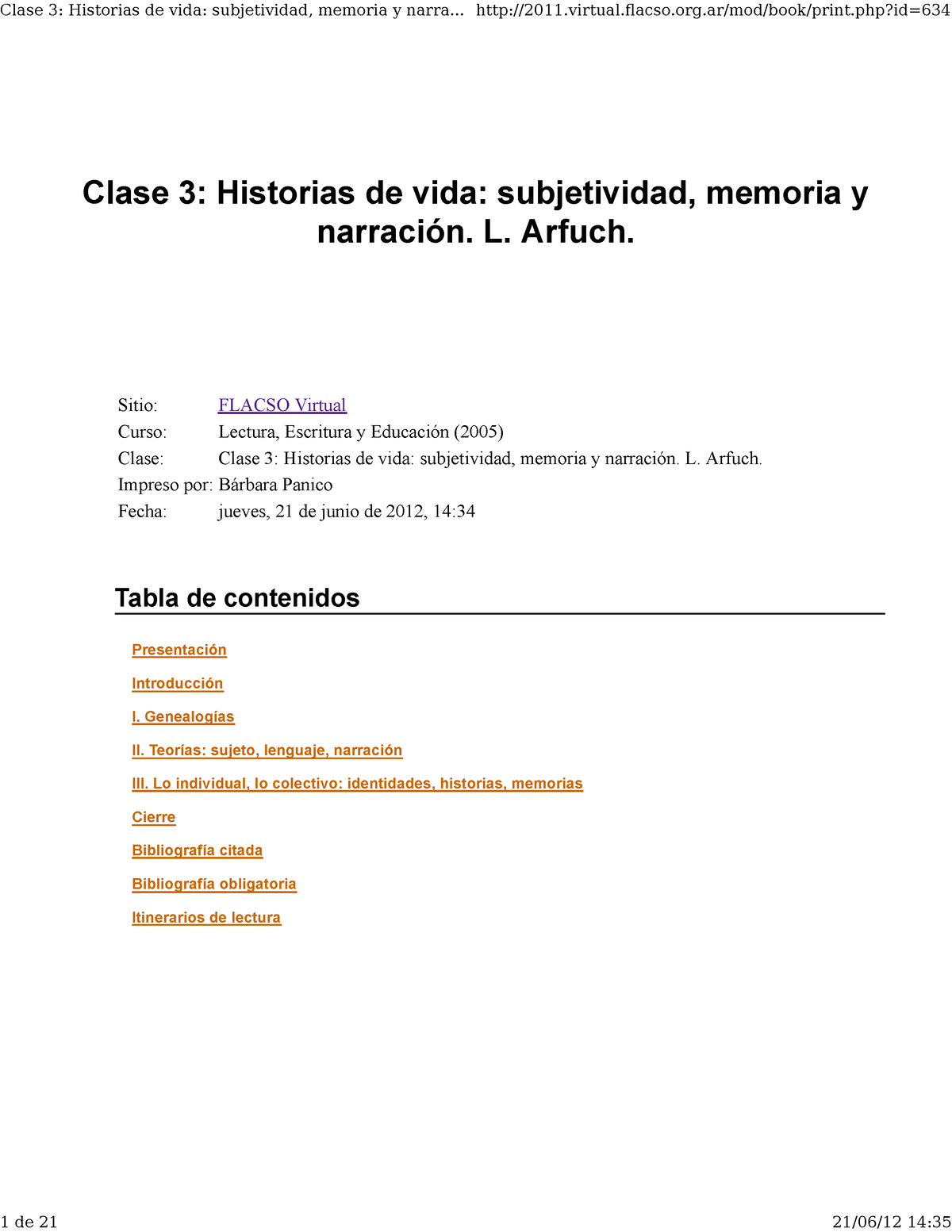 Arfuch Leonor Historias De Vida Clase 3 Historias De Vida Subjetividad Memoria Y Narración 7588