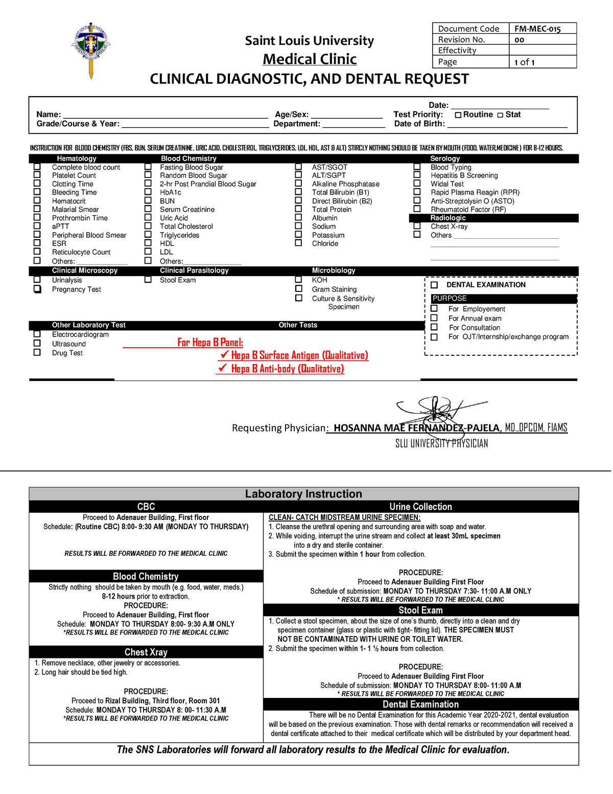 LAB- Request-HEPA-B- Screening Bsmls - Document Code FM-MEC- Revision ...