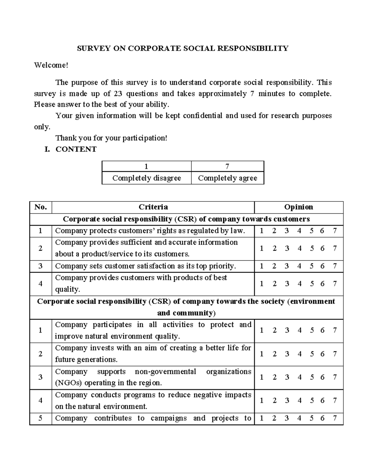 Survey Format - 2222 - SURVEY ON CORPORATE SOCIAL RESPONSIBILITY ...