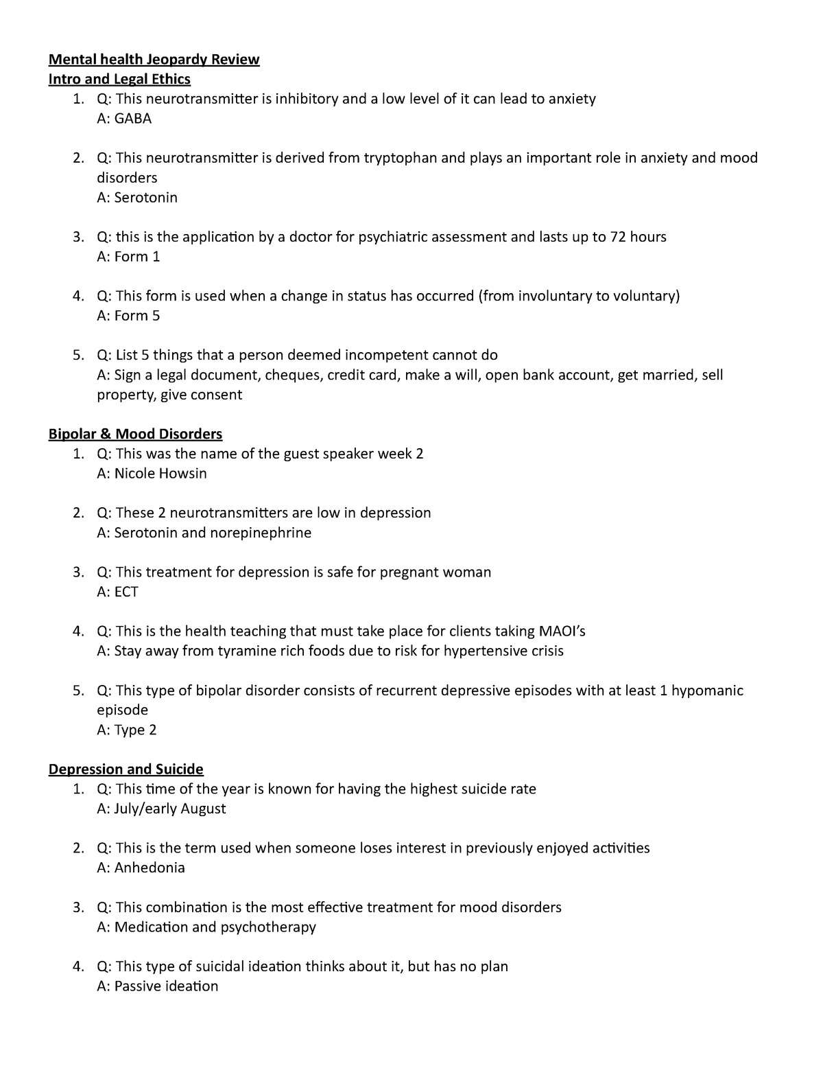 Mental Health Jeopardy Review Studocu