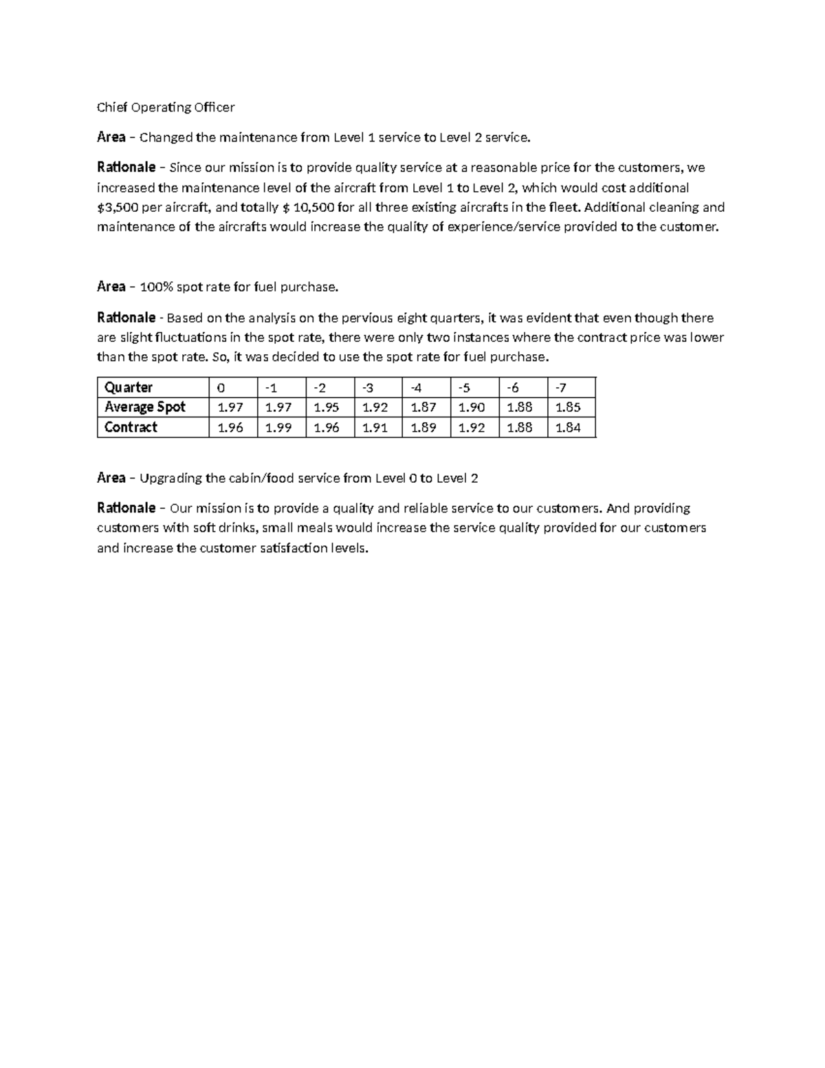 Operation Rationale - Chief Operating Officer Area – Changed the ...