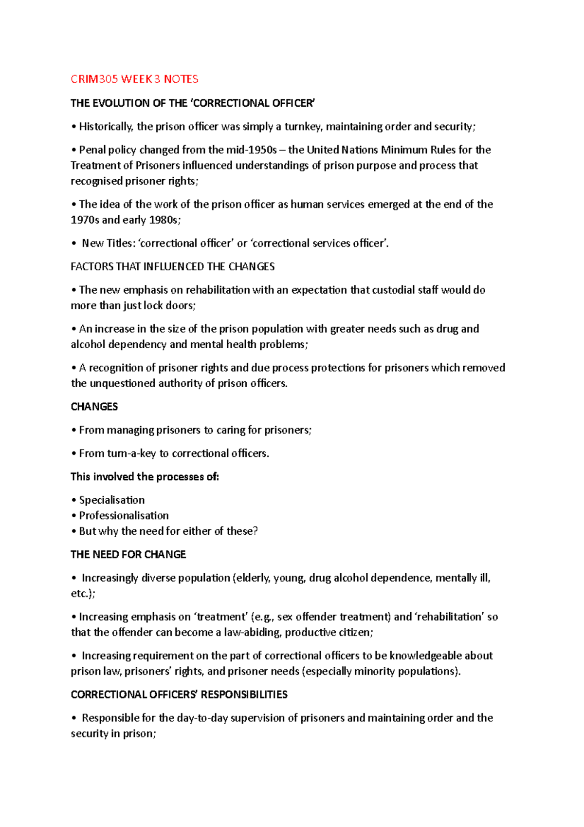CRIM305 Week 3 Notes: Evolution of Prison Officers and Correctional ...