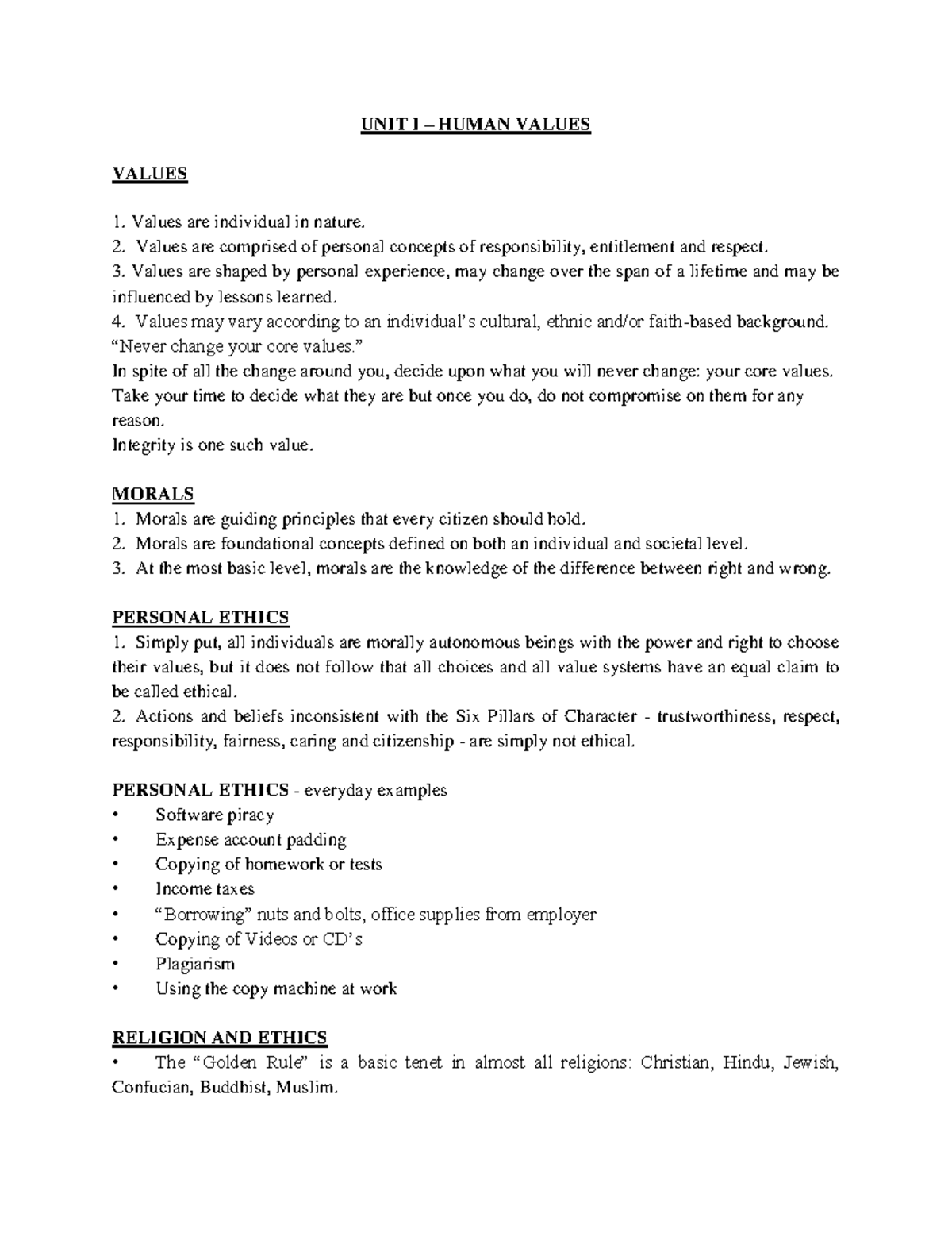 106448 - ethics - UNIT I – HUMAN VALUES VALUES Values are individual in ...