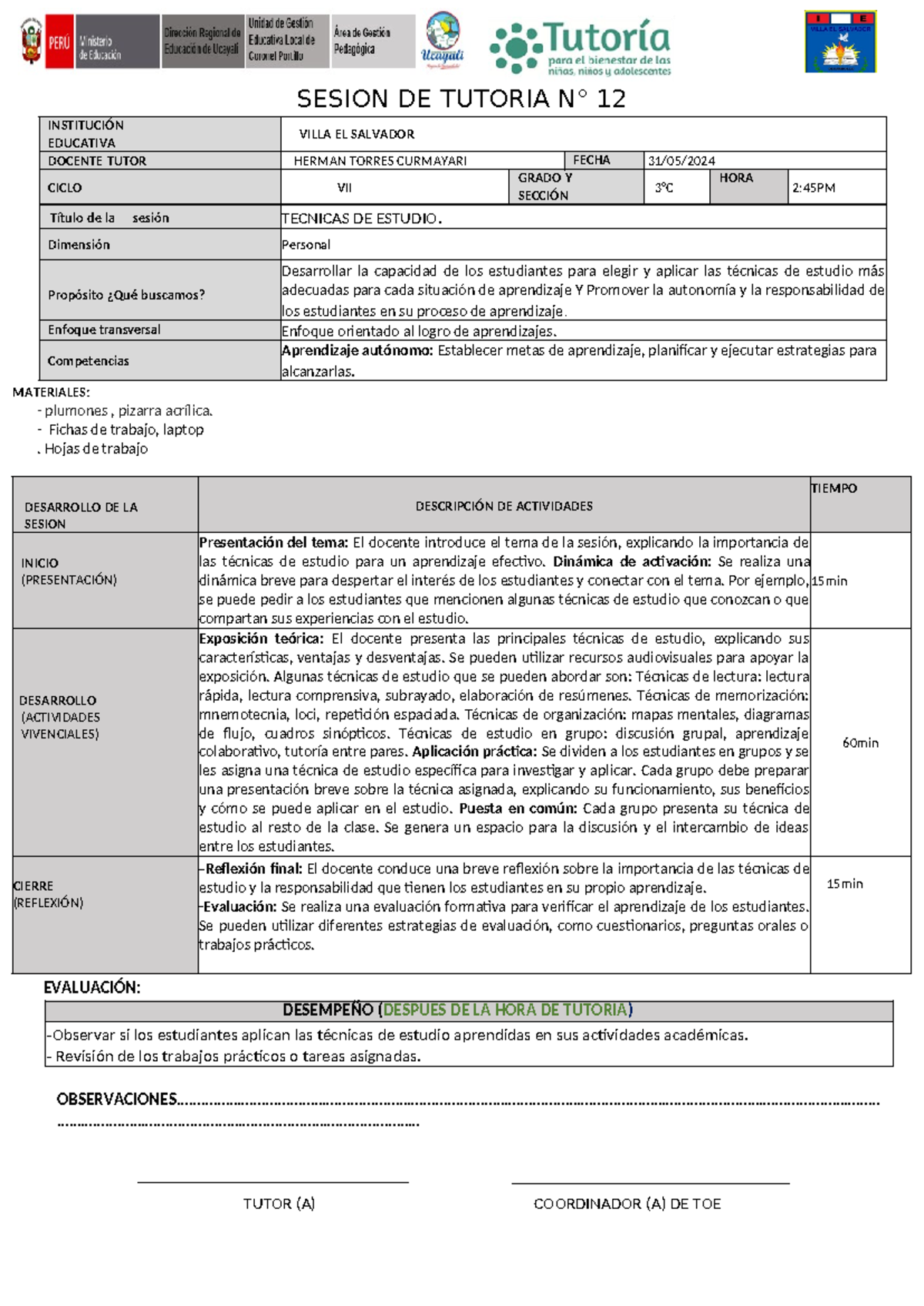 Sesion 12- Tutoria - INFOMES - SESION DE TUTORIA N° 12 MATERIALES ...