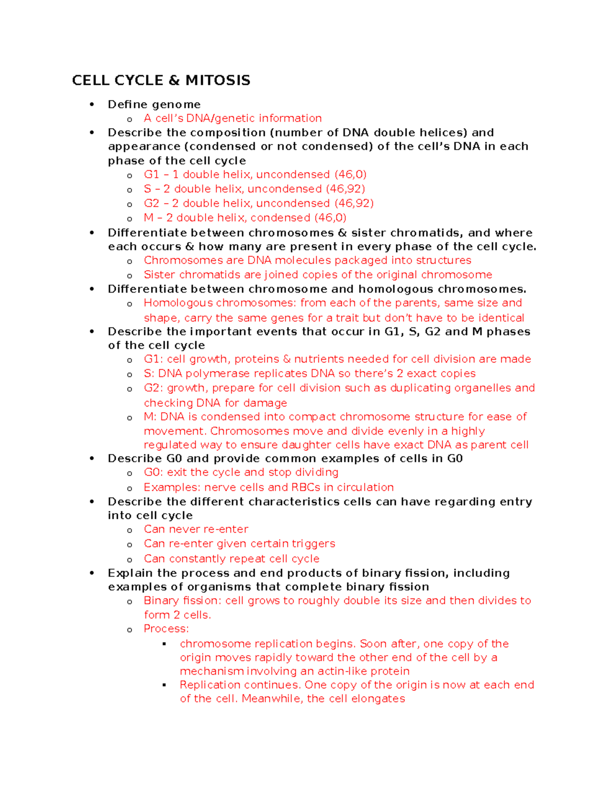 240 UNIT 3 Learning Objectives - CELL CYCLE & MITOSIS Define genome o A ...