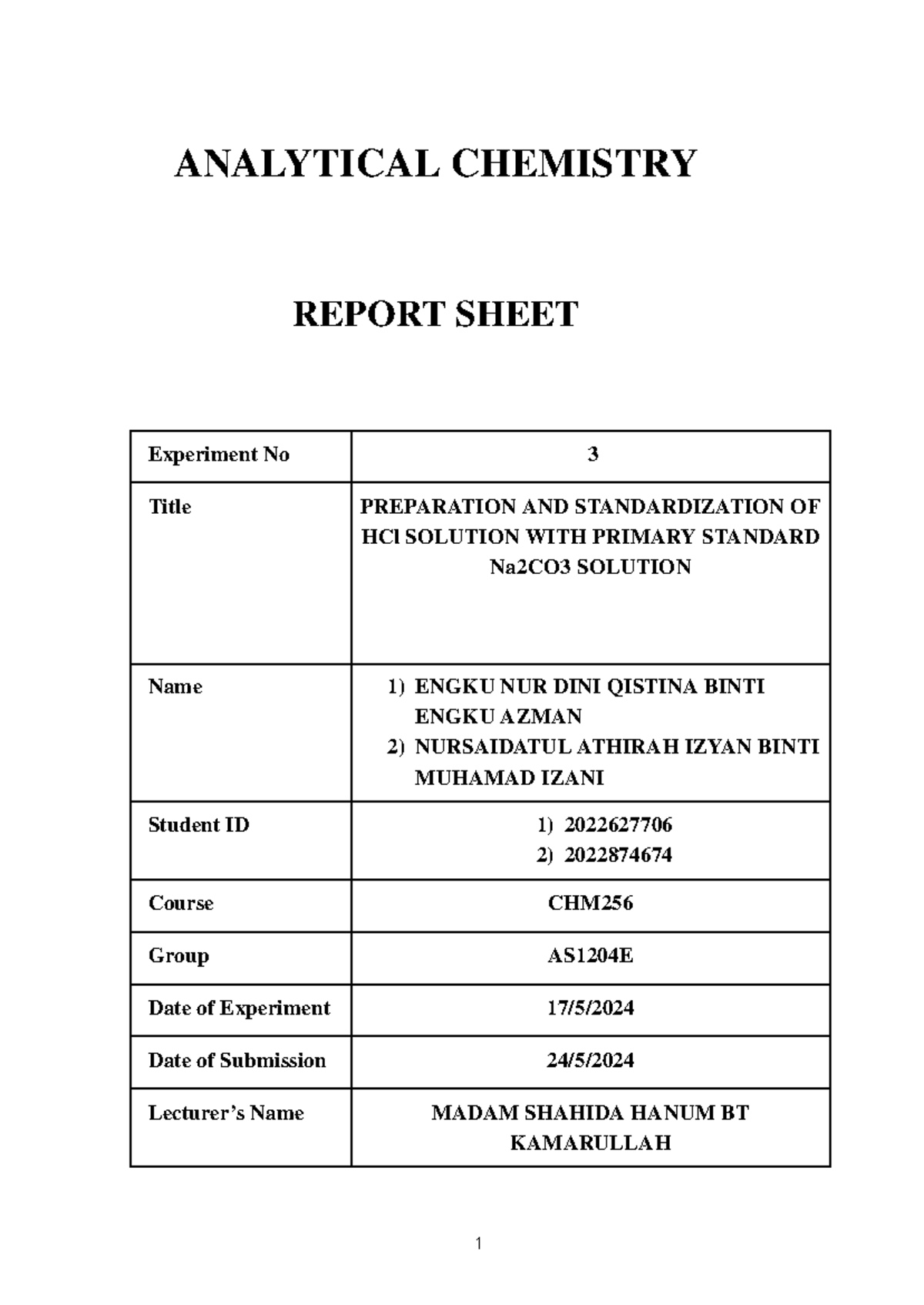 CHM256 LAB Report ( Experiment 3) - ANALYTICAL CHEMISTRY REPORT SHEET ...