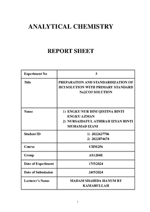 Report Sheet EXP 5 CHM256 - ANALYTICAL CHEMISTRY REPORT SHEET ...