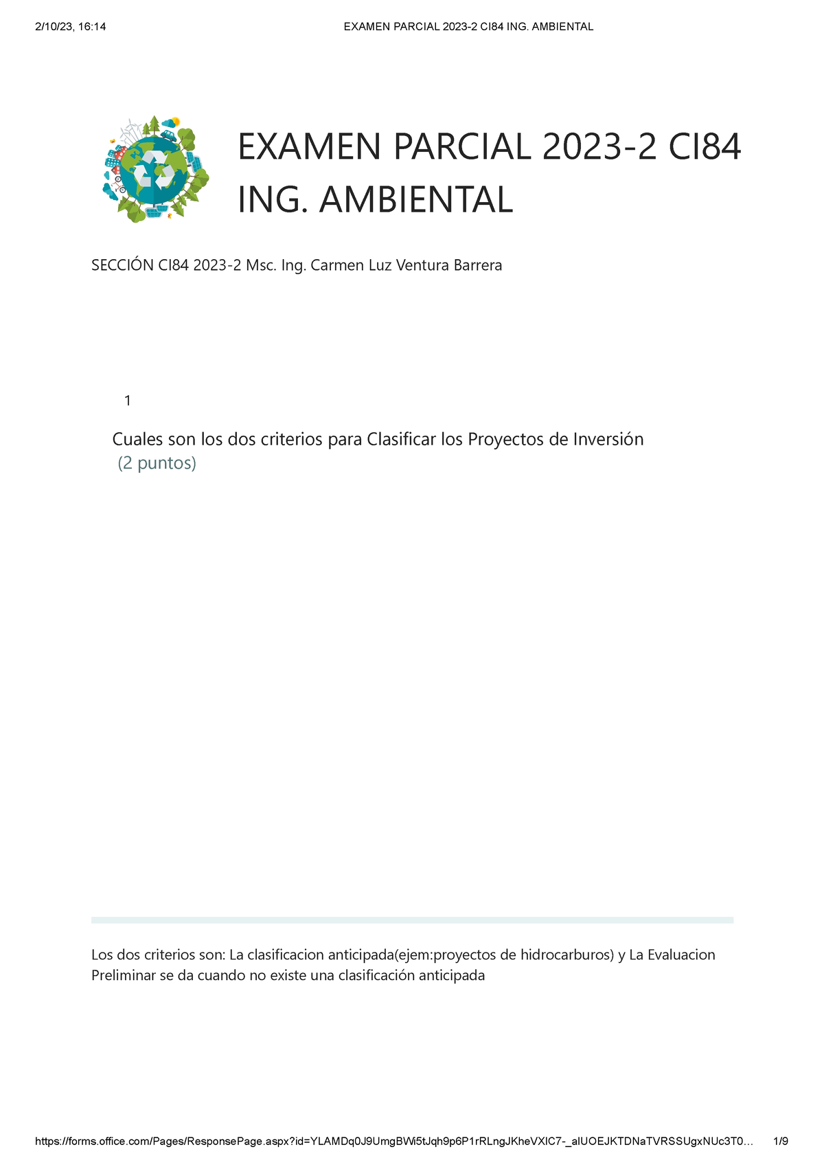 Examen Parcial 2023-2 CI84 ING. Ambiental - EXAMEN PARCIAL 2023-2 CI ...