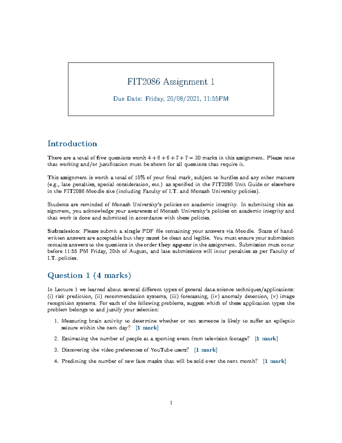 FIT1043 Assignment 1 Specification - FIT2086 Assignment 1 Due Date ...