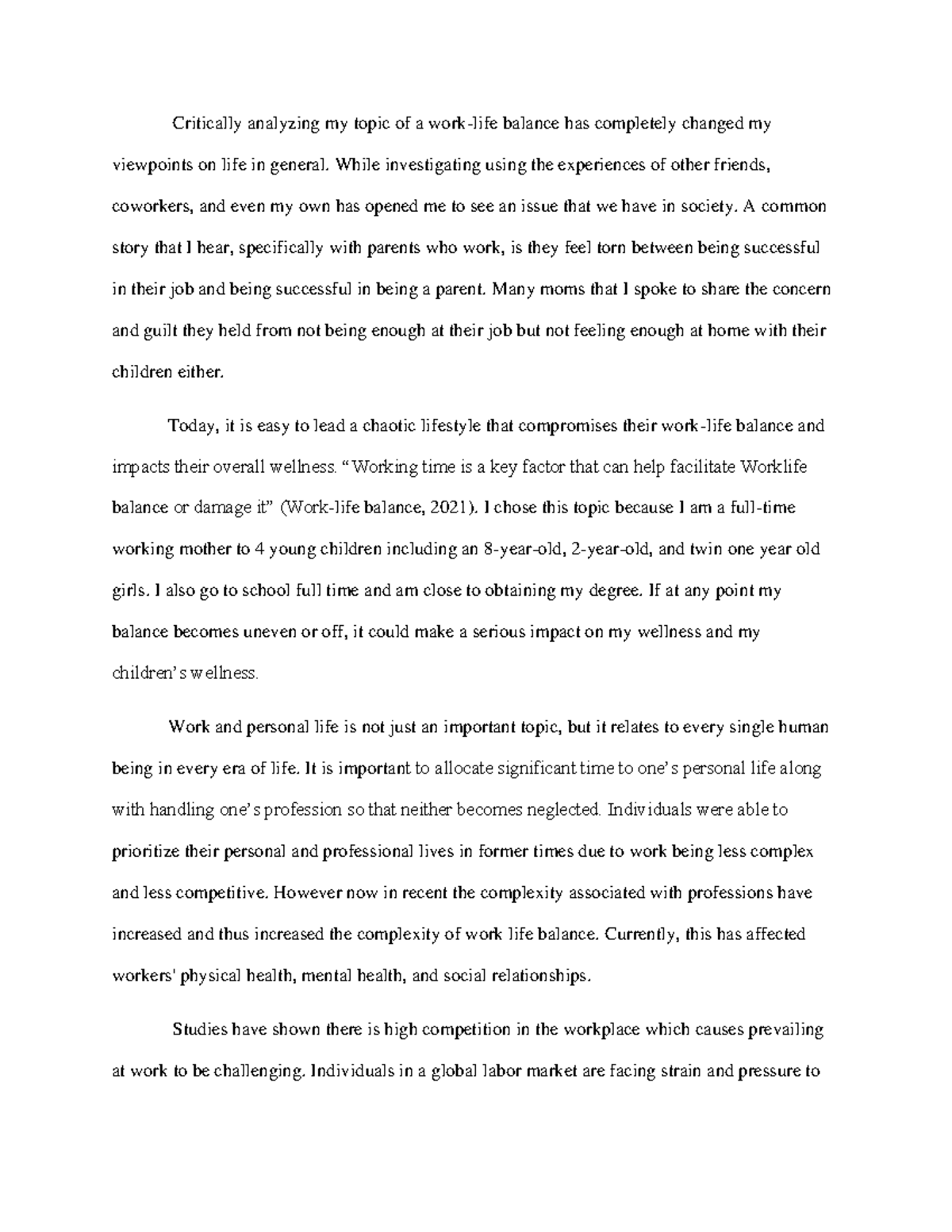 Document 145 (1) - essay - Critically analyzing my topic of a work-life ...