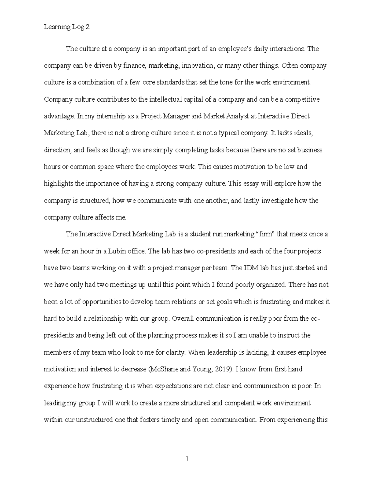 Learning Log 2 Grade B The Culture At A Company Is An Important