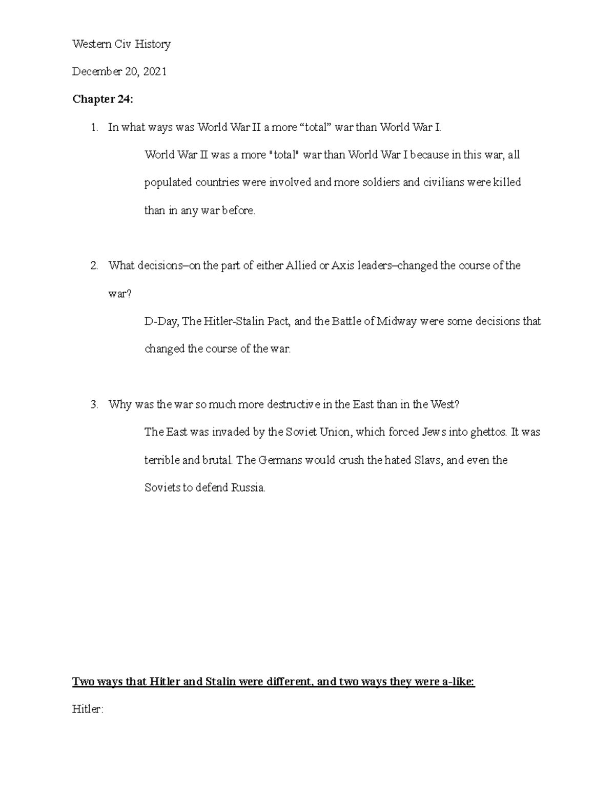 History Chapter 24 Western Civ History December 20, 2021 Chapter 24