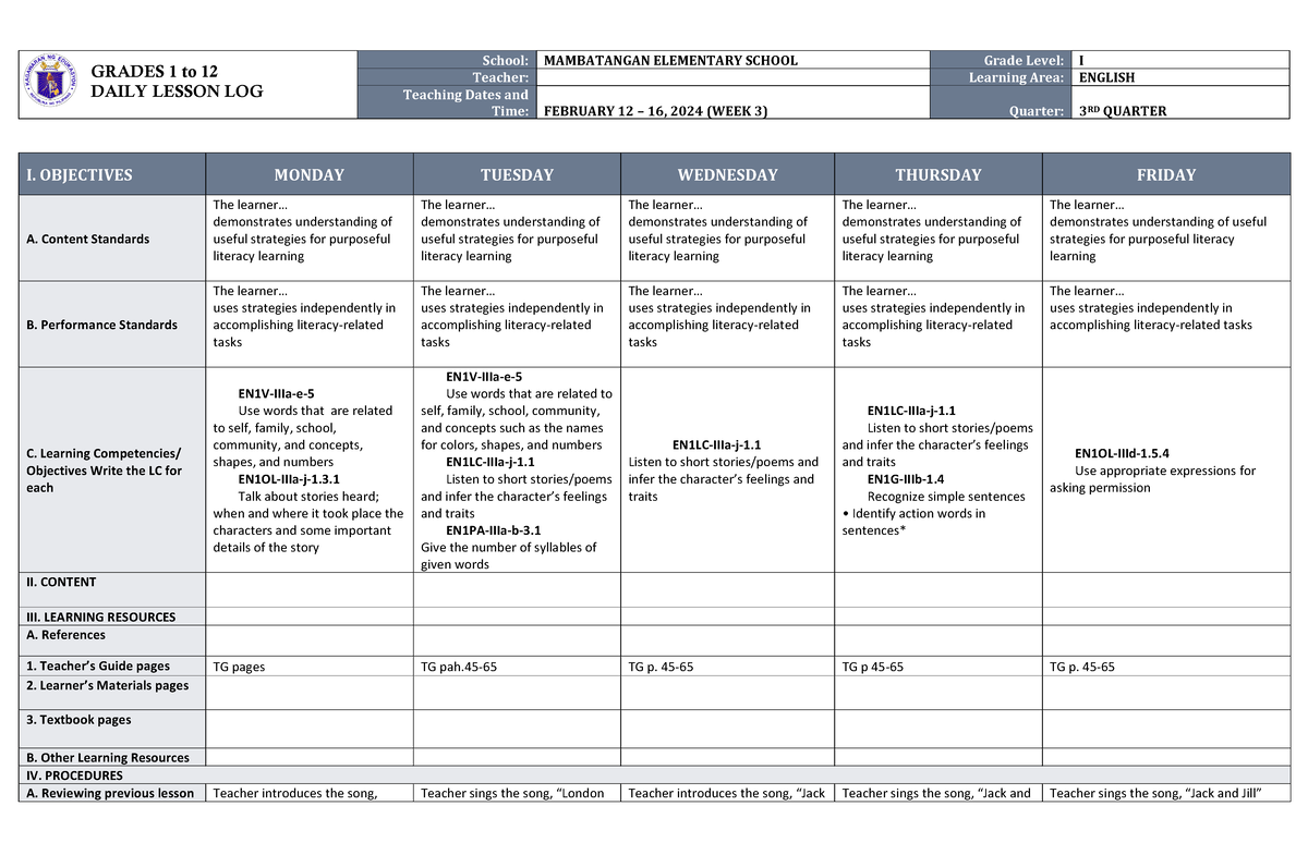 DLL English-1 Q3 W3 - DFDS - GRADES 1 to 12 DAILY LESSON LOG School ...