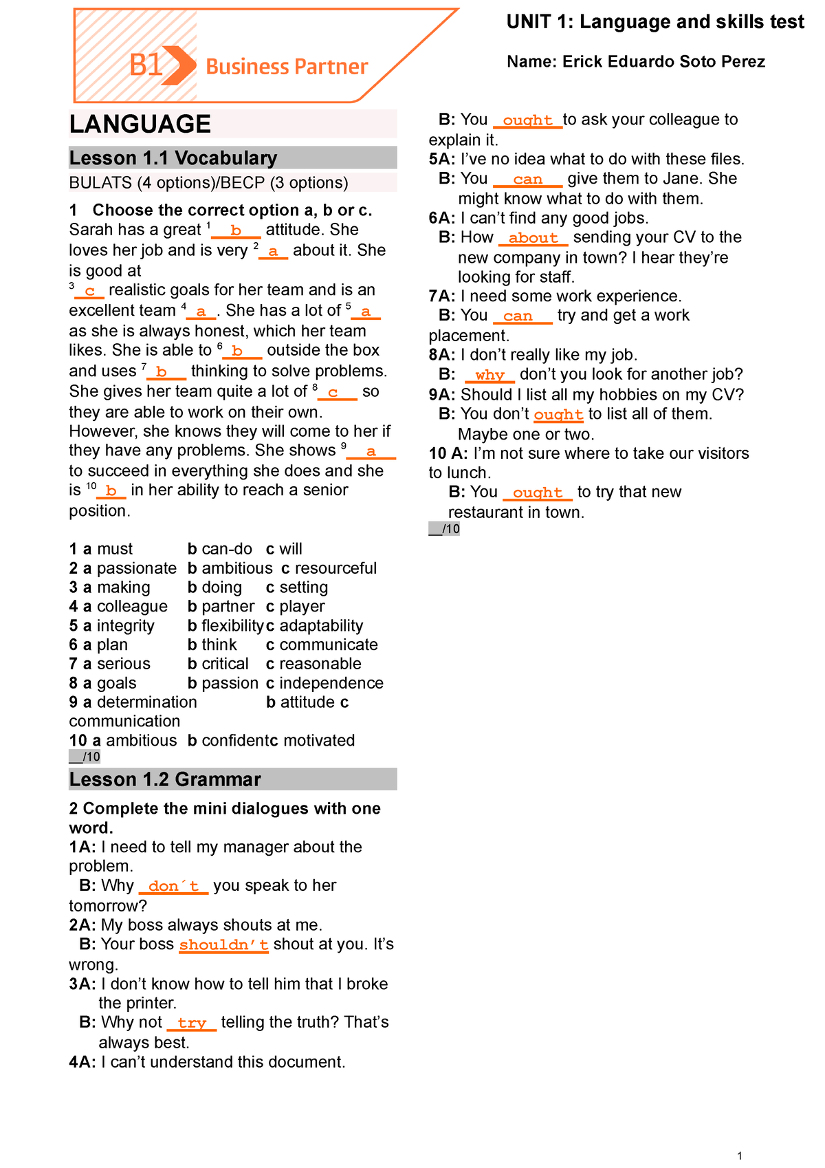 4 BP B1 Tests Unit1 (002) - LANGUAGE Lesson 1 Vocabulary BULATS (4 ...