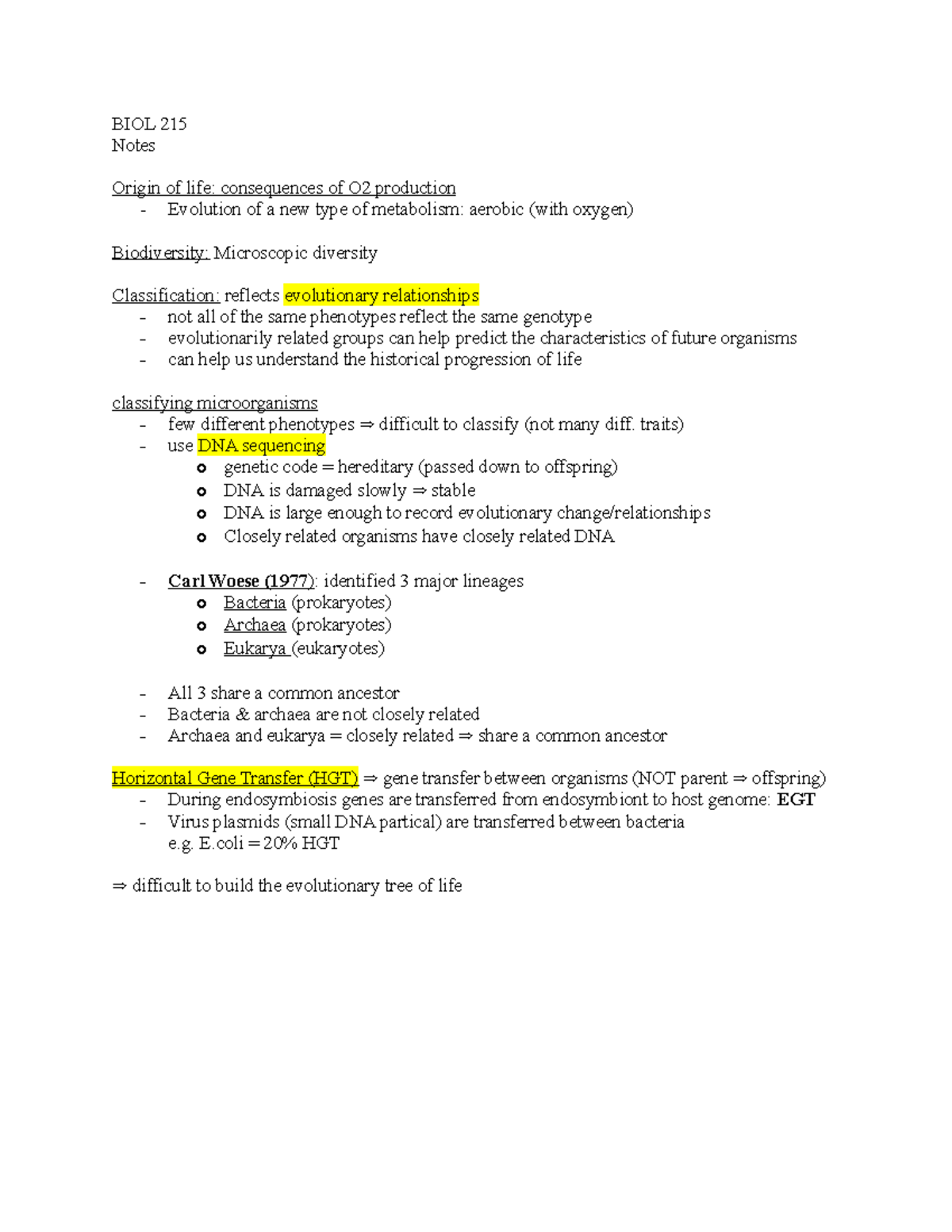 BIOL 215 Midterm Notes - BIOL 215 Notes Origin Of Life: Consequences Of ...