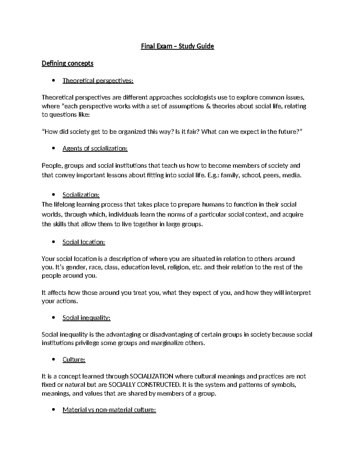 Sociology Final Exam Guide - Final Exam – Study Guide Defining concepts ...