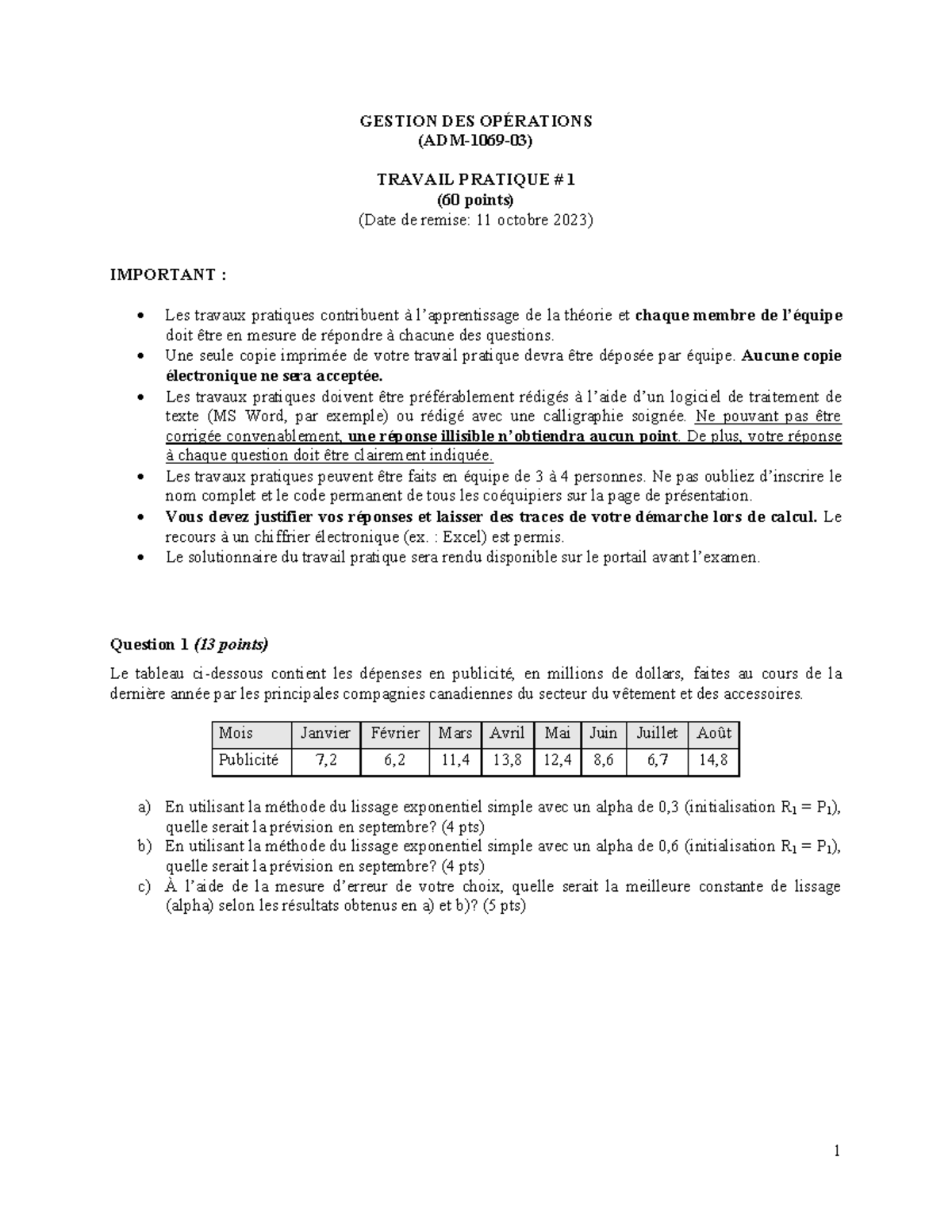 TP1 Travaux pratiques GESTION DES OPÉRATIONS (ADM106903) TRAVAIL