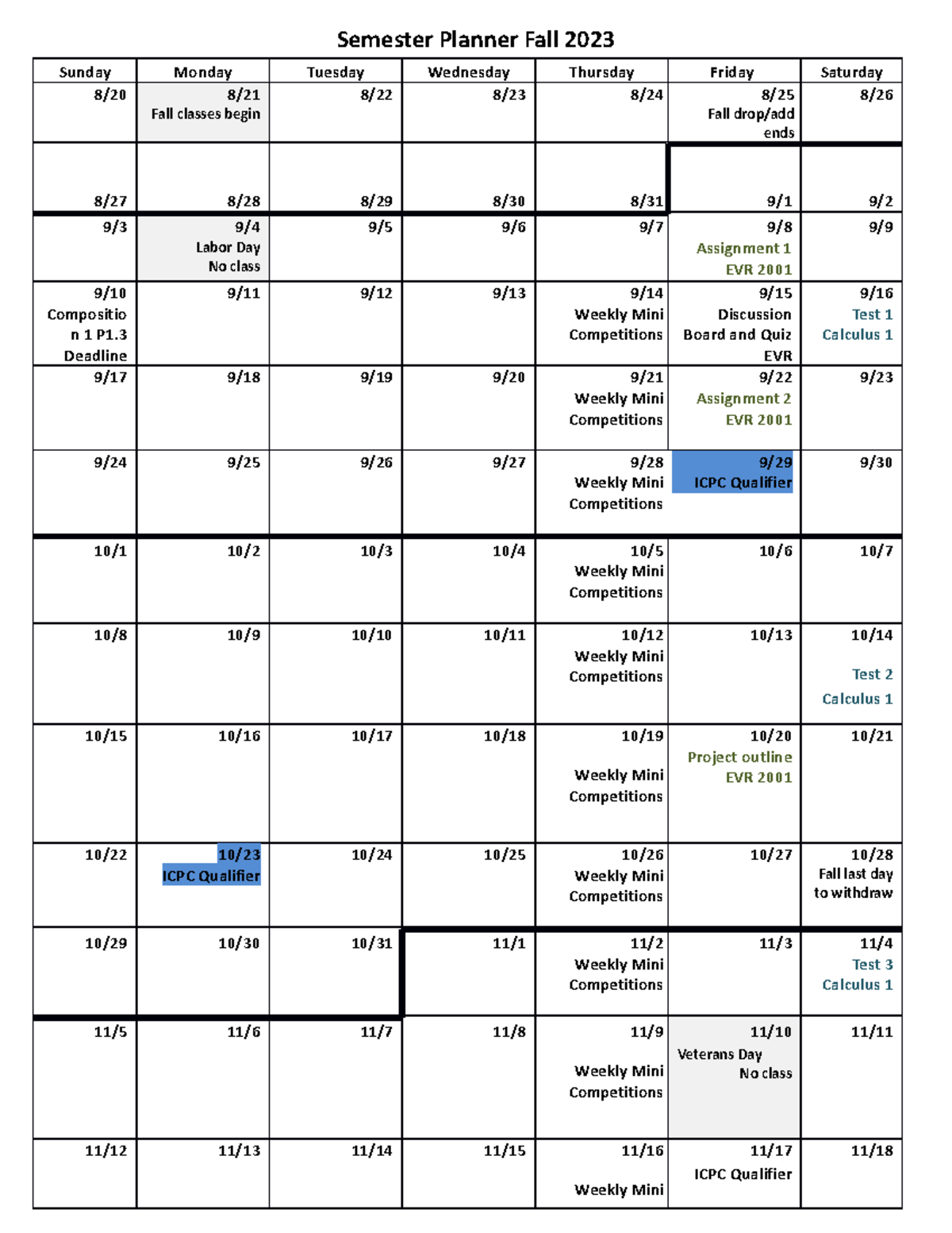 Semester Planner Fall 2023 - Semester Planner Fall 2023 Sunday Monday ...