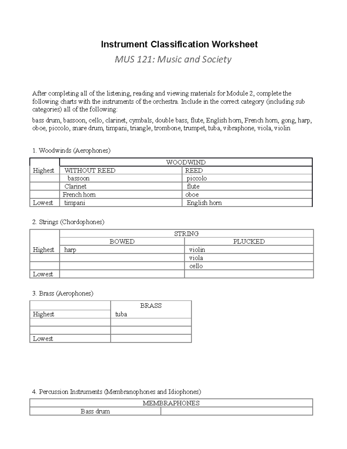 MUS 121 Instrument Classification Worksheet Instrument Classification