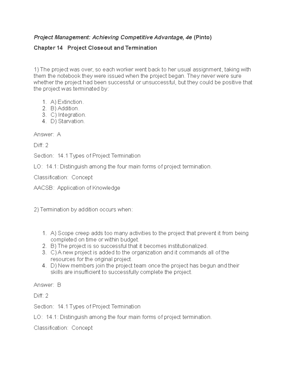 Ch 14 test bank - test bank - Project Management: Achieving Competitive ...