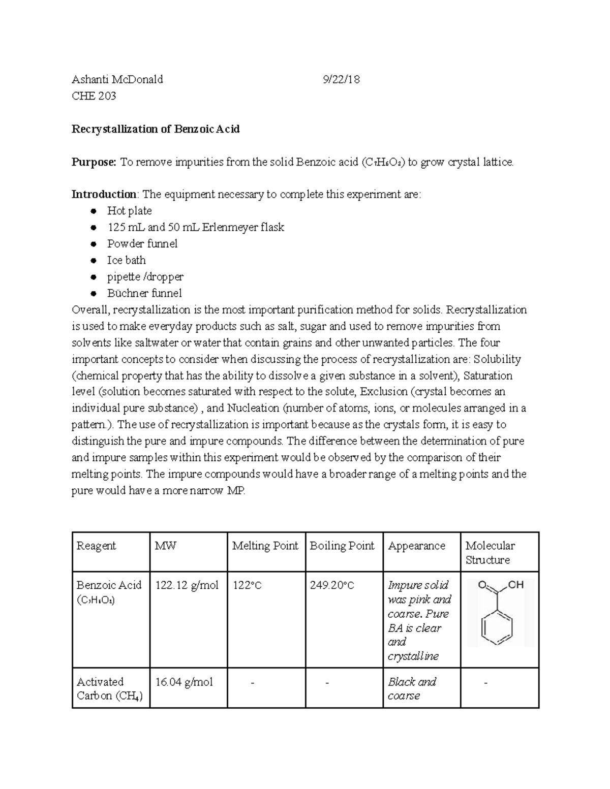 Recrystallization Of Benzoic Acid - Ashanti McDonald 9/22/ CHE 203 ...