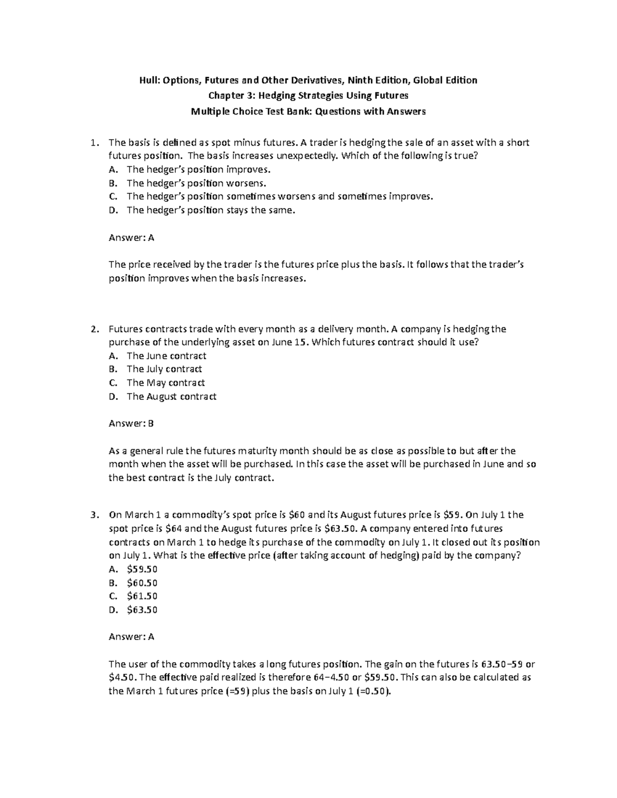 Hull OFOD9e Multiple Choice Questions And Answers Ch03 - Hull: Options ...